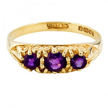 9ct gold Amethyst 3 stone Ring size O